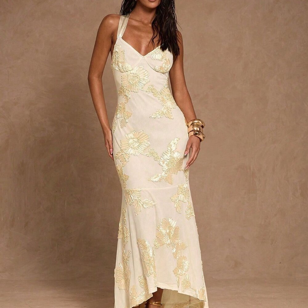 Light Yellow Elegant Women's Backless Floral Dress